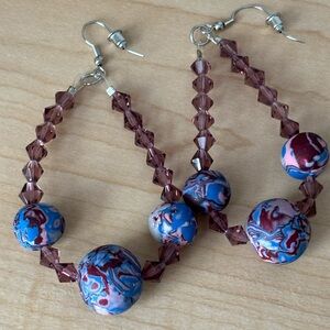 Blue & pink color marbled beaded earrings/silver tone/ measure about 3 i…